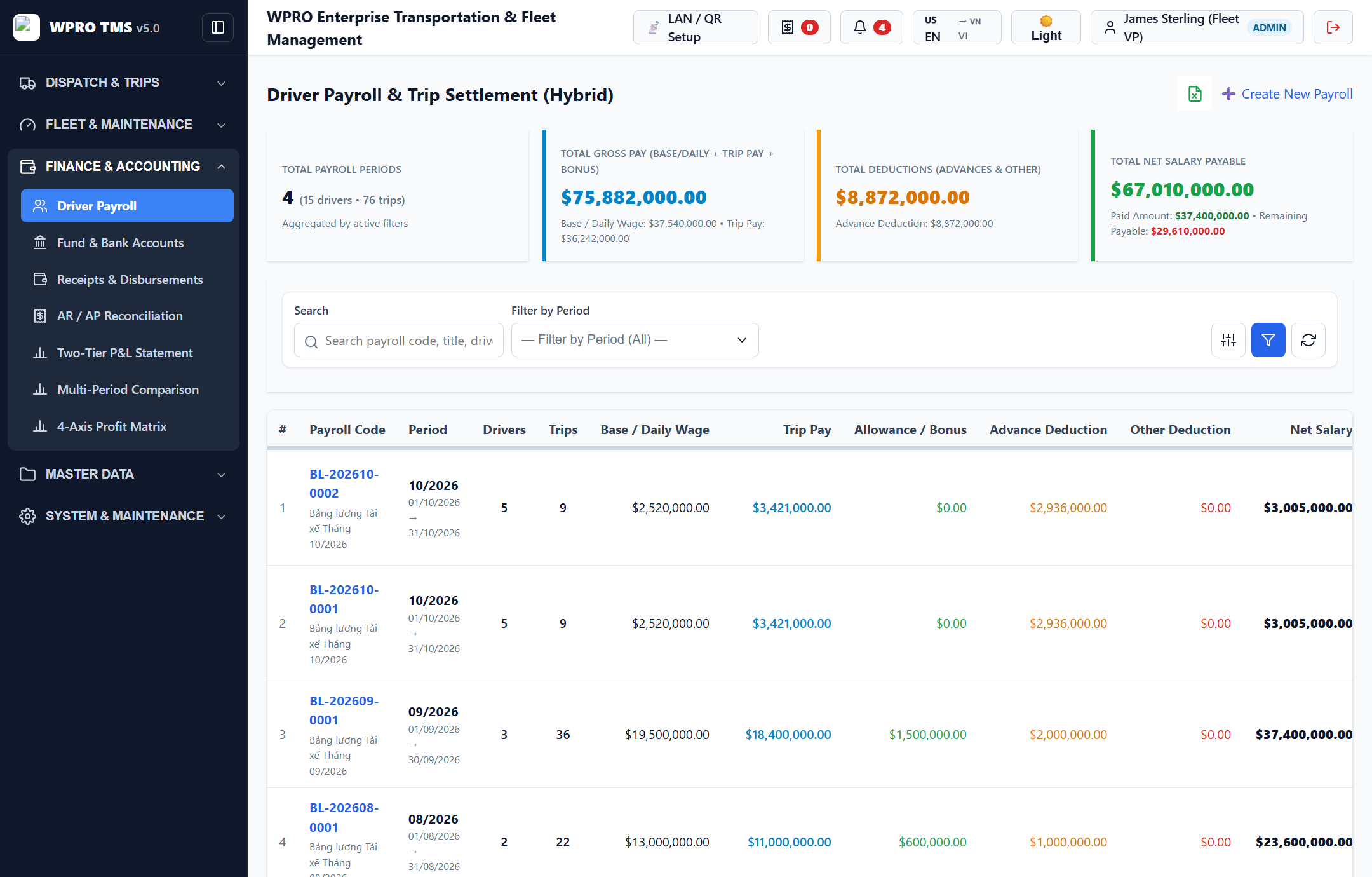 Driver Settlement Pay Sheet Production UI